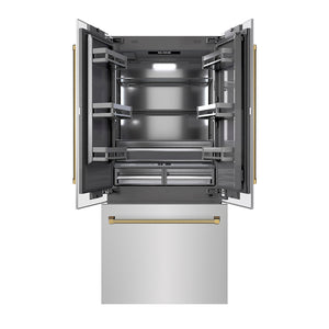 ZLINE Autograph Edition 36 in. 19.6 cu. ft. French Door Built-In Bottom Freezer Refrigerator with Water Dispenser and Ice Maker in Stainless Steel with Graphite Gray Interior and Polished Gold Helix Handles (GRBIVZ-30436KG) front, refrigeration compartment and bottom freezer drawer open.