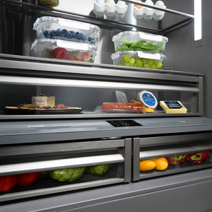 ZLINE Autograph Edition 36 in. 19.6 cu. ft. French Door Built-In Bottom Freezer Refrigerator with Water Dispenser and Ice Maker in Stainless Steel with Graphite Gray Interior and Polished Nickel Helix Handles (GRBIVZ-30436KPN) flex drawer with fresh produce inside and shelves displaying various food items.