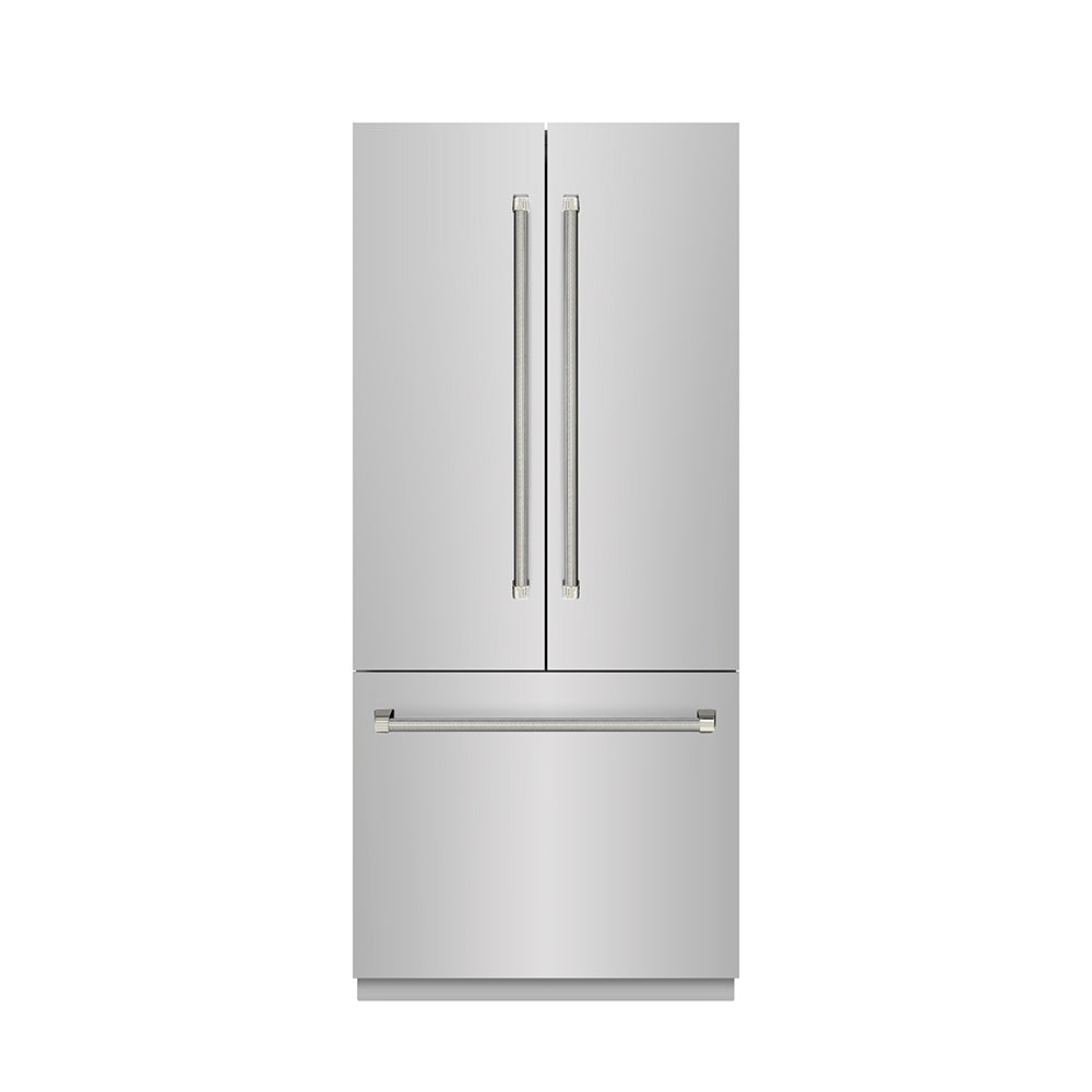 ZLINE Autograph Edition 36 in. 19.6 cu. ft. French Door Built-In Bottom Freezer Refrigerator with Water Dispenser and Ice Maker in Stainless Steel with Graphite Gray Interior and Polished Nickel Helix Handles (GRBIVZ-30436KPN) front, closed.