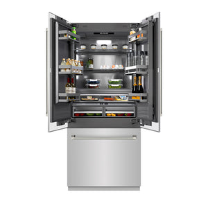 ZLINE Autograph Edition 36 in. 19.6 cu. ft. French Door Built-In Bottom Freezer Refrigerator with Water Dispenser and Ice Maker in Stainless Steel with Graphite Gray Interior and Polished Nickel Helix Handles (GRBIVZ-30436KPN) front, open.