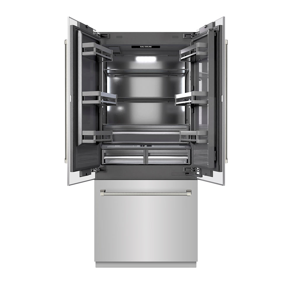 ZLINE Autograph Edition 36 in. 19.6 cu. ft. French Door Built-In Bottom Freezer Refrigerator with Water Dispenser and Ice Maker in Stainless Steel with Graphite Gray Interior and Polished Nickel Helix Handles (GRBIVZ-30436KPN) front, open.