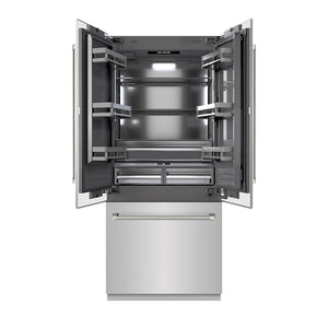 ZLINE Autograph Edition 36 in. 19.6 cu. ft. French Door Built-In Bottom Freezer Refrigerator with Water Dispenser and Ice Maker in Stainless Steel with Graphite Gray Interior and Polished Nickel Helix Handles (GRBIVZ-30436KPN) front, open.