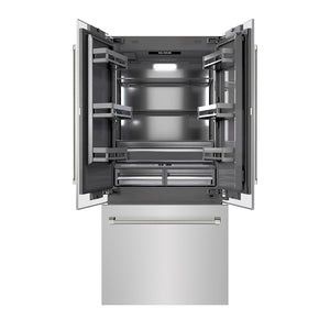 ZLINE Autograph Edition 36 in. 19.6 cu. ft. French Door Built-In Bottom Freezer Refrigerator with Water Dispenser and Ice Maker in Stainless Steel with Graphite Gray Interior and Polished Nickel Helix Handles (GRBIVZ-30436KPN)