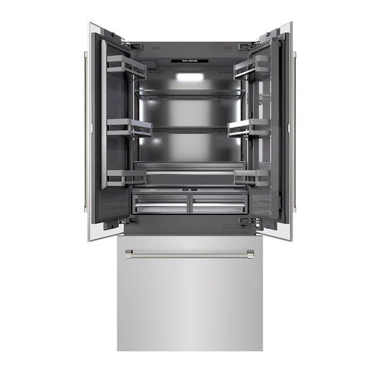 ZLINE Autograph Edition 36 in. 19.6 cu. ft. French Door Built-In Bottom Freezer Refrigerator with Water Dispenser and Ice Maker in Stainless Steel with Graphite Gray Interior and Polished Nickel Helix Handles (GRBIVZ-30436KPN)