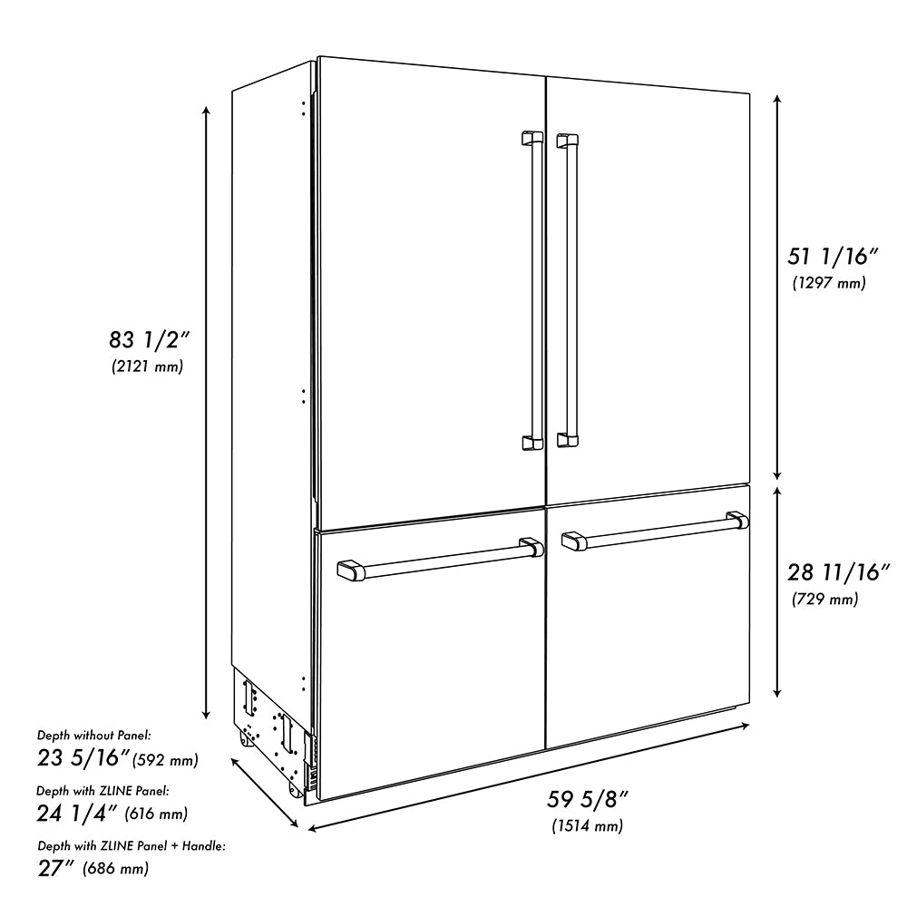 ZLINE Autograph Edition 60 in. 32.2 cu. ft. French Door Built-In Bottom Freezer Refrigerator with Water Dispenser and Ice Maker in Stainless Steel with Graphite Gray Interior and Champagne Bronze Helix Handles (GRBIVZ-30460KCB) dimensional diagram.