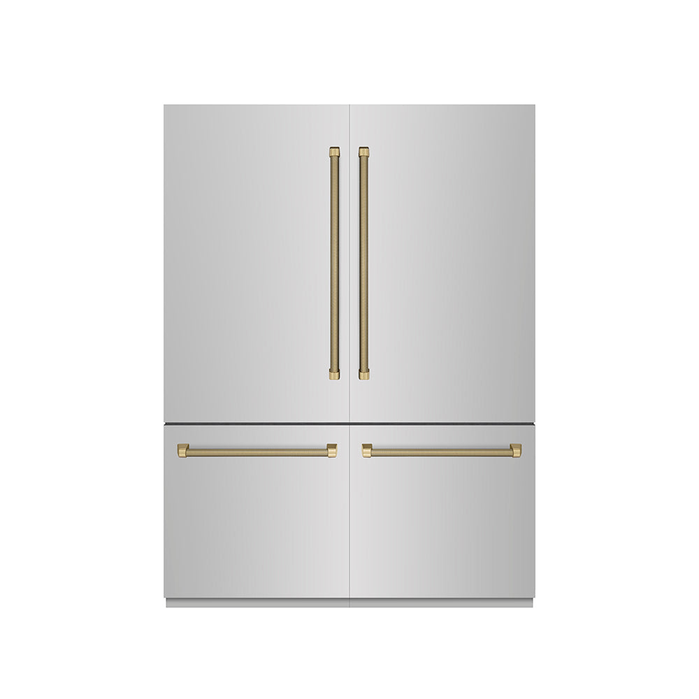 ZLINE Autograph Edition 60 in. 32.2 cu. ft. French Door Built-In Bottom Freezer Refrigerator with Water Dispenser and Ice Maker in Stainless Steel with Graphite Gray Interior and Champagne Bronze Helix Handles (GRBIVZ-30460KCB) front, closed.
