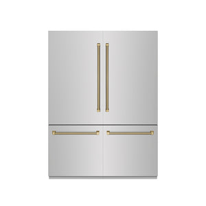 ZLINE Autograph Edition 60 in. 32.2 cu. ft. French Door Built-In Bottom Freezer Refrigerator with Water Dispenser and Ice Maker in Stainless Steel with Graphite Gray Interior and Champagne Bronze Helix Handles (GRBIVZ-30460KCB) front, closed.