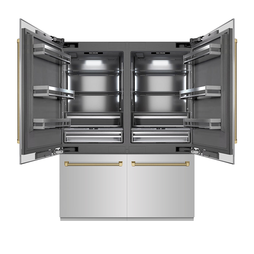 ZLINE Autograph Edition 60 in. 32.2 cu. ft. French Door Built-In Bottom Freezer Refrigerator with Water Dispenser and Ice Maker in Stainless Steel with Graphite Gray Interior and Champagne Bronze Helix Handles (GRBIVZ-30460KCB)