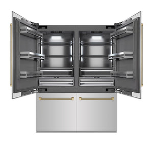 ZLINE Autograph Edition 60 in. 32.2 cu. ft. French Door Built-In Bottom Freezer Refrigerator with Water Dispenser and Ice Maker in Stainless Steel with Graphite Gray Interior and Champagne Bronze Helix Handles (GRBIVZ-30460KCB)