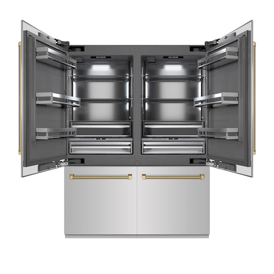 ZLINE Autograph Edition 60 in. 32.2 cu. ft. French Door Built-In Bottom Freezer Refrigerator with Water Dispenser and Ice Maker in Stainless Steel with Graphite Gray Interior and Champagne Bronze Helix Handles (GRBIVZ-30460KCB)