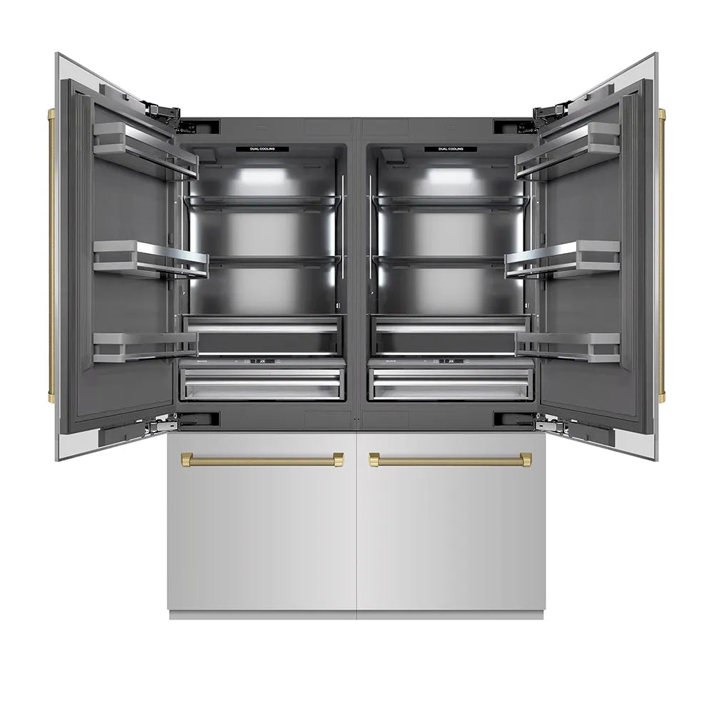 ZLINE Autograph Edition 60 in. 32.2 cu. ft. French Door Built-In Bottom Freezer Refrigerator with Water Dispenser and Ice Maker in Stainless Steel with Graphite Gray Interior and Champagne Bronze Helix Handles (GRBIVZ-30460KCB) main image.