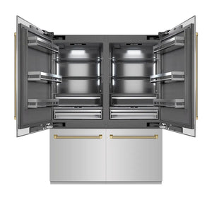 ZLINE Autograph Edition 60 in. 32.2 cu. ft. French Door Built-In Bottom Freezer Refrigerator with Water Dispenser and Ice Maker in Stainless Steel with Graphite Gray Interior and Champagne Bronze Helix Handles (GRBIVZ-30460KCB) main image.