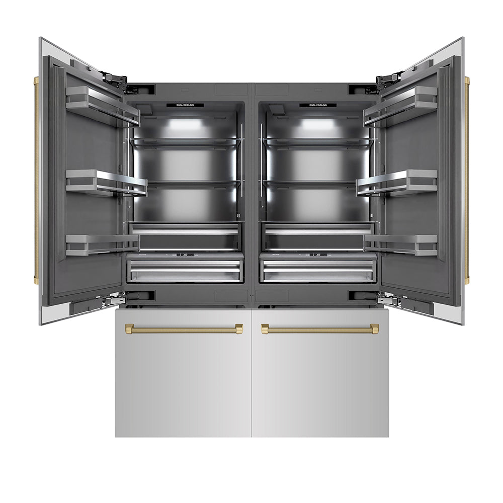 ZLINE Autograph Edition 60 in. 32.2 cu. ft. French Door Built-In Bottom Freezer Refrigerator with Water Dispenser and Ice Maker in Stainless Steel with Graphite Gray Interior and Champagne Bronze Helix Handles (GRBIVZ-30460KCB) front, refrigeration compartment and bottom freezer drawer open.
