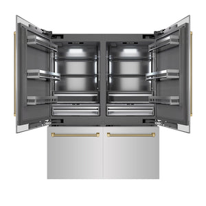 ZLINE Autograph Edition 60 in. 32.2 cu. ft. French Door Built-In Bottom Freezer Refrigerator with Water Dispenser and Ice Maker in Stainless Steel with Graphite Gray Interior and Champagne Bronze Helix Handles (GRBIVZ-30460KCB) front, refrigeration compartment and bottom freezer drawer open.