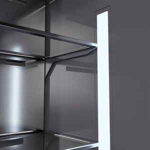 ZLINE Autograph Edition 60 in. 32.2 cu. ft. French Door Built-In Bottom Freezer Refrigerator with Water Dispenser and Ice Maker in Stainless Steel with Graphite Gray Interior and Polished Gold Helix Handles (GRBIVZ-30460KG) LED lighting inside refrigeration compartment.