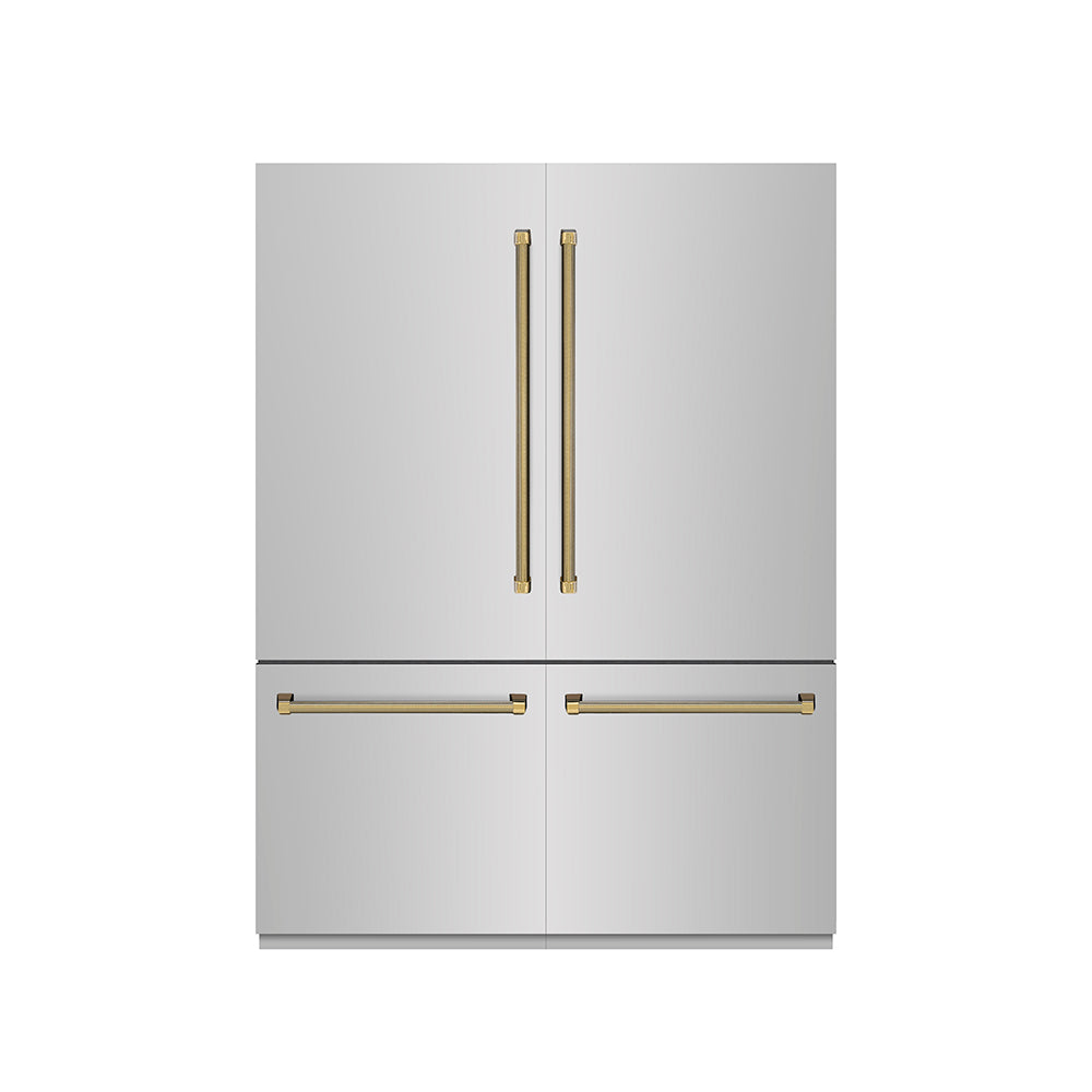ZLINE Autograph Edition 60 in. 32.2 cu. ft. French Door Built-In Bottom Freezer Refrigerator with Water Dispenser and Ice Maker in Stainless Steel with Graphite Gray Interior and Polished Gold Helix Handles (GRBIVZ-30460KG) front, closed.