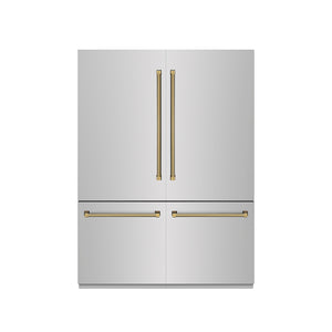 ZLINE Autograph Edition 60 in. 32.2 cu. ft. French Door Built-In Bottom Freezer Refrigerator with Water Dispenser and Ice Maker in Stainless Steel with Graphite Gray Interior and Polished Gold Helix Handles (GRBIVZ-30460KG) front, closed.