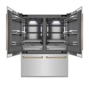 ZLINE Autograph Edition 60 in. 32.2 cu. ft. French Door Built-In Bottom Freezer Refrigerator with Water Dispenser and Ice Maker in Stainless Steel with Graphite Gray Interior and Polished Gold Helix Handles (GRBIVZ-30460KG)