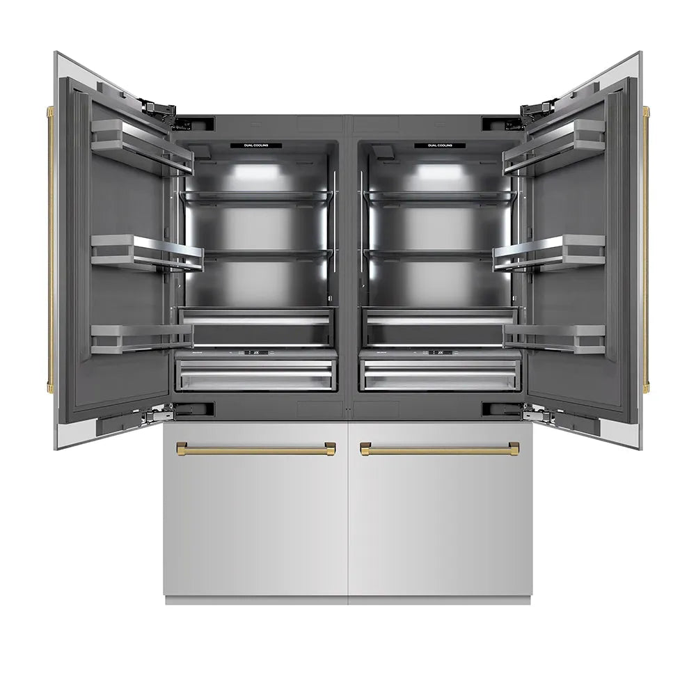 ZLINE Autograph Edition 60 in. 32.2 cu. ft. French Door Built-In Bottom Freezer Refrigerator with Water Dispenser and Ice Maker in Stainless Steel with Graphite Gray Interior and Polished Gold Helix Handles (GRBIVZ-30460KG) main image.