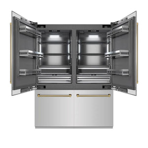 ZLINE Autograph Edition 60 in. 32.2 cu. ft. French Door Built-In Bottom Freezer Refrigerator with Water Dispenser and Ice Maker in Stainless Steel with Graphite Gray Interior and Polished Gold Helix Handles (GRBIVZ-30460KG) main image.