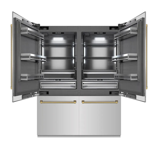ZLINE Autograph Edition 60 in. 32.2 cu. ft. French Door Built-In Bottom Freezer Refrigerator with Water Dispenser and Ice Maker in Stainless Steel with Graphite Gray Interior and Polished Gold Helix Handles (GRBIVZ-30460KG) main image.