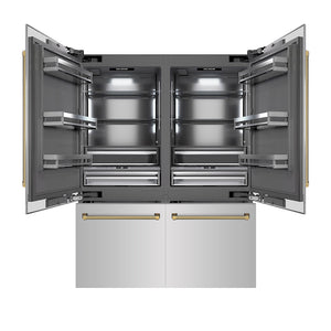 ZLINE Autograph Edition 60 in. 32.2 cu. ft. French Door Built-In Bottom Freezer Refrigerator with Water Dispenser and Ice Maker in Stainless Steel with Graphite Gray Interior and Polished Gold Helix Handles (GRBIVZ-30460KG) front, refrigeration compartment and bottom freezer drawer open.