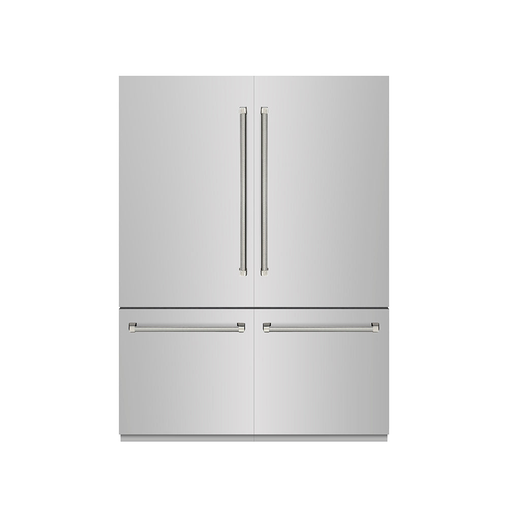 ZLINE Autograph Edition 60 in. 32.2 cu. ft. French Door Built-In Bottom Freezer Refrigerator with Water Dispenser and Ice Maker in Stainless Steel with Graphite Gray Interior and Polished Nickel Helix Handles (GRBIVZ-30460KPN) front, closed.