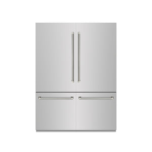 ZLINE Autograph Edition 60 in. 32.2 cu. ft. French Door Built-In Bottom Freezer Refrigerator with Water Dispenser and Ice Maker in Stainless Steel with Graphite Gray Interior and Polished Nickel Helix Handles (GRBIVZ-30460KPN) front, closed.