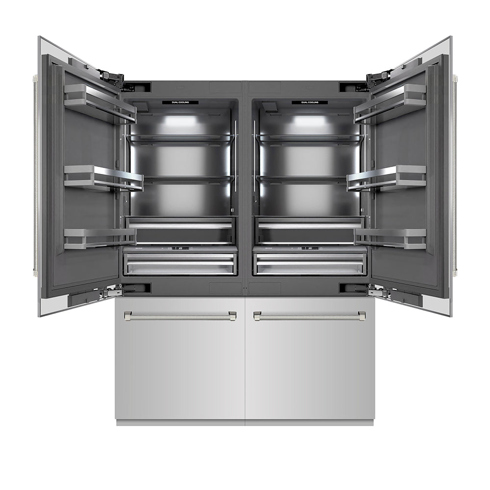 ZLINE Autograph Edition 60 in. 32.2 cu. ft. French Door Built-In Bottom Freezer Refrigerator with Water Dispenser and Ice Maker in Stainless Steel with Graphite Gray Interior and Polished Nickel Helix Handles (GRBIVZ-30460KPN) front, open.