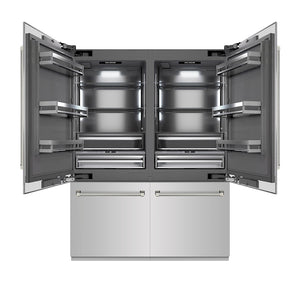 ZLINE Autograph Edition 60 in. 32.2 cu. ft. French Door Built-In Bottom Freezer Refrigerator with Water Dispenser and Ice Maker in Stainless Steel with Graphite Gray Interior and Polished Nickel Helix Handles (GRBIVZ-30460KPN) front, open.