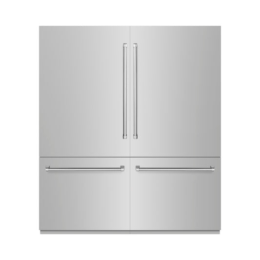 ZLINE 72 in. 39.6 cu. ft. French Door Built-In Bottom Freezer Refrigerator with Water Dispensers and Ice Makers in Stainless Steel (RBIT-304-72) front, closed.
