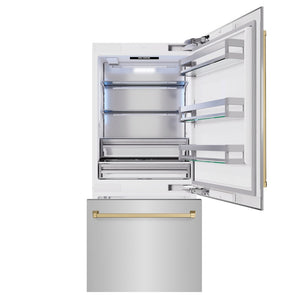 ZLINE Autograph Edition 36 in. 19.8 cu. ft. Built-In Bottom Freezer Refrigerator with Water Dispenser and Ice Maker in Stainless Steel with Champagne Bronze Accents (RBITZ-304-36CB) front, open.