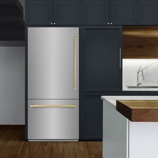 ZLINE Autograph Edition 36 in. 19.8 cu. ft. Built-In Bottom Freezer Refrigerator with Water Dispenser and Ice Maker in Stainless Steel with Champagne Bronze Accents (RBITZ-304-36CB) lifestyle, in a luxury kitchen.