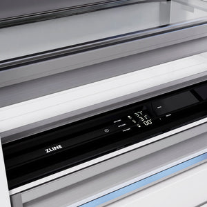 ZLINE Autograph Edition 36 in. 19.8 cu. ft. Built-In Bottom Freezer Refrigerator with Water Dispenser and Ice Maker in Stainless Steel with Polished Gold Accents (RBITZ-304-36G) close-up detail, touch control panel and display.