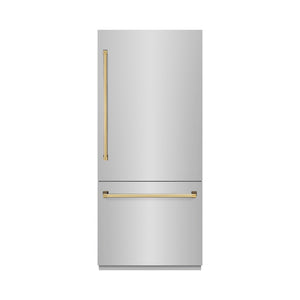 ZLINE Autograph Edition 36 in. 19.8 cu. ft. Built-In Bottom Freezer Refrigerator with Water Dispenser and Ice Maker in Stainless Steel with Polished Gold Accents (RBITZ-304-36G) front, closed.