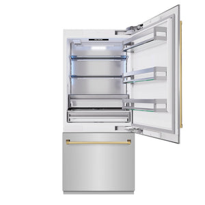 ZLINE Autograph Edition 36 in. 19.8 cu. ft. Built-In Bottom Freezer Refrigerator with Water Dispenser and Ice Maker in Stainless Steel with Polished Gold Accents (RBITZ-304-36G) front, open.