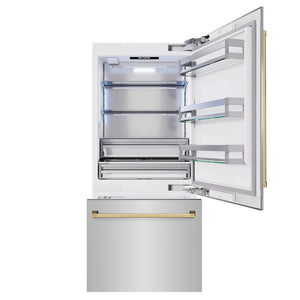 ZLINE Autograph Edition 36 in. 19.8 cu. ft. Built-In Bottom Freezer Refrigerator with Water Dispenser and Ice Maker in Stainless Steel with Polished Gold Accents (RBITZ-304-36G) front, open.