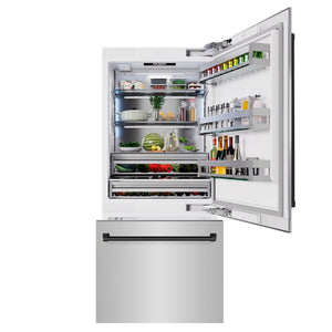 ZLINE Autograph Edition 36 in. 19.8 cu. ft. Built-In Bottom Freezer Refrigerator with Water Dispenser and Ice Maker in Stainless Steel with Matte Black Accents (RBITZ-304-36MB) front, open.