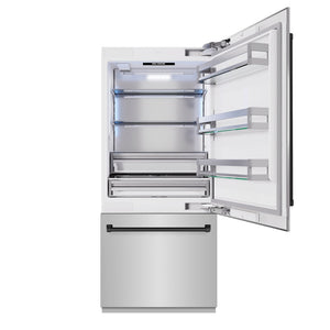 ZLINE Autograph Edition 36 in. 19.8 cu. ft. Built-In Bottom Freezer Refrigerator with Water Dispenser and Ice Maker in Stainless Steel with Matte Black Accents (RBITZ-304-36MB) front, open.