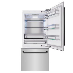 ZLINE Autograph Edition 36 in. 19.8 cu. ft. Built-In Bottom Freezer Refrigerator with Water Dispenser and Ice Maker in Stainless Steel with Matte Black Accents (RBITZ-304-36MB) front, open.