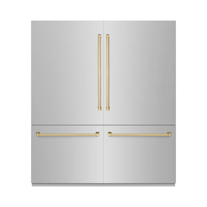 ZLINE Autograph Edition 72 in. 39.6 cu. ft. French Door Built-In Bottom Freezer Refrigerator with Water Dispensers and Ice Makers in Stainless Steel with Champagne Bronze Accents (RBITZ-304-72CB) front, closed.