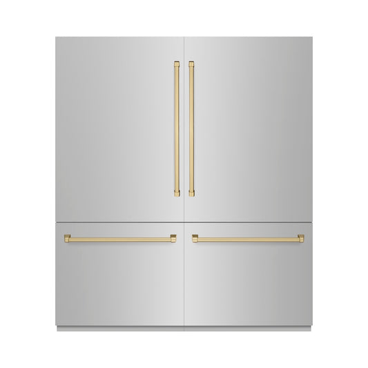 ZLINE Autograph Edition 72 in. 39.6 cu. ft. French Door Built-In Bottom Freezer Refrigerator with Water Dispensers and Ice Makers in Stainless Steel with Champagne Bronze Accents (RBITZ-304-72CB) front, closed.