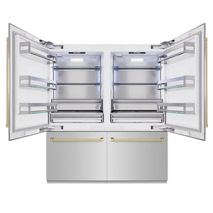 ZLINE Autograph Edition 72 in. 39.6 cu. ft. French Door Built-In Bottom Freezer Refrigerator with Water Dispensers and Ice Makers in Stainless Steel with Champagne Bronze Accents (RBITZ-304-72CB) front, open.