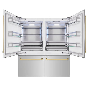 ZLINE Autograph Edition 72 in. 39.6 cu. ft. French Door Built-In Bottom Freezer Refrigerator with Water Dispensers and Ice Makers in Stainless Steel with Champagne Bronze Accents (RBITZ-304-72CB) front, open.