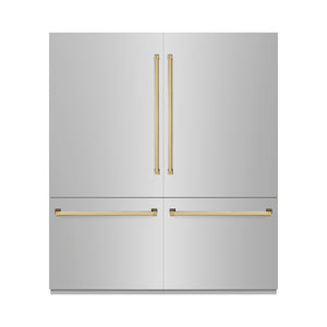ZLINE Autograph Edition 72 in. 39.6 cu. ft. French Door Built-In Bottom Freezer Refrigerator with Water Dispensers and Ice Makers in Stainless Steel with Polished Gold Accents (RBITZ-304-72G) front, closed.