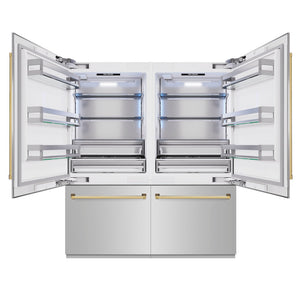ZLINE Autograph Edition 72 in. 39.6 cu. ft. French Door Built-In Bottom Freezer Refrigerator with Water Dispensers and Ice Makers in Stainless Steel with Polished Gold Accents (RBITZ-304-72G) front, open.