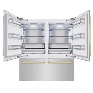 ZLINE Autograph Edition 72 in. 39.6 cu. ft. French Door Built-In Bottom Freezer Refrigerator with Water Dispensers and Ice Makers in Stainless Steel with Polished Gold Accents (RBITZ-304-72G) front, open.