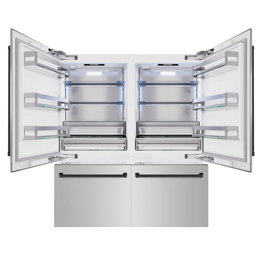 ZLINE Autograph Edition 72 in. 39.6 cu. ft. French Door Built-In Bottom Freezer Refrigerator with Water Dispensers and Ice Makers in Stainless Steel with Matte Black Accents (RBITZ-304-72MB) front, open.