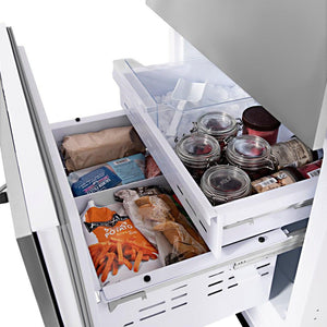 ZLINE 30 in. 16.1 cu. ft. Built-In 2-Door Bottom Freezer Refrigerator with Internal Water and Ice Dispenser in Stainless Steel (RBIV-304-30) close-up, bottom freezer drawers open with food inside from side.