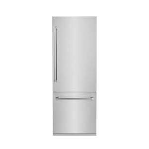 ZLINE 30 in. 16.1 cu. ft. Built-In 2-Door Bottom Freezer Refrigerator with Internal Water and Ice Dispenser in Stainless Steel (RBIV-304-30) front, closed.